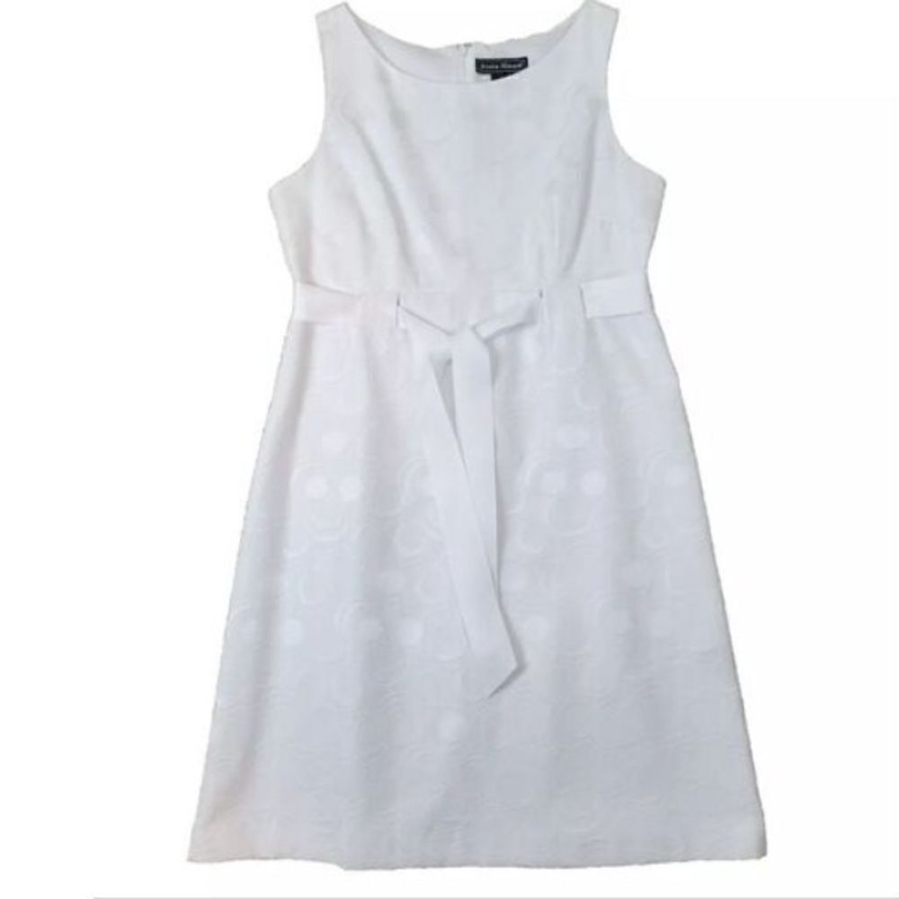 Jessica Howard 14W Sleeveless Summer Tea Dress White Ribbon Circle Print Coastal